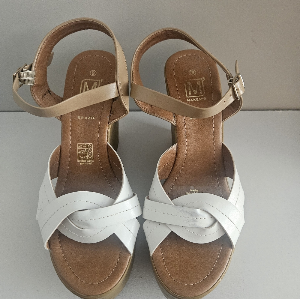 Maker's 5" White & Tan Strappy Platform Wedge Sandals- Size 9